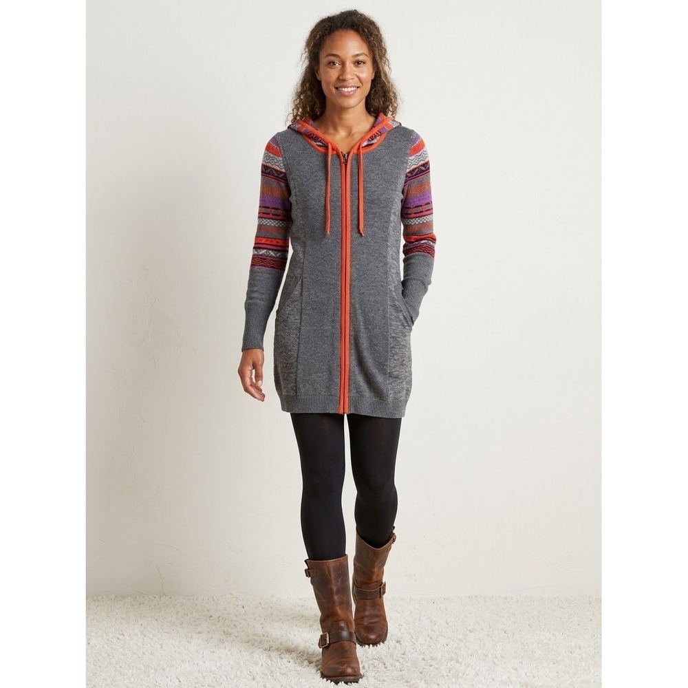 Title Nine Merino Wool Blend Fair Isle Zip Up Sweater Tunic Hoodie Gray Medium